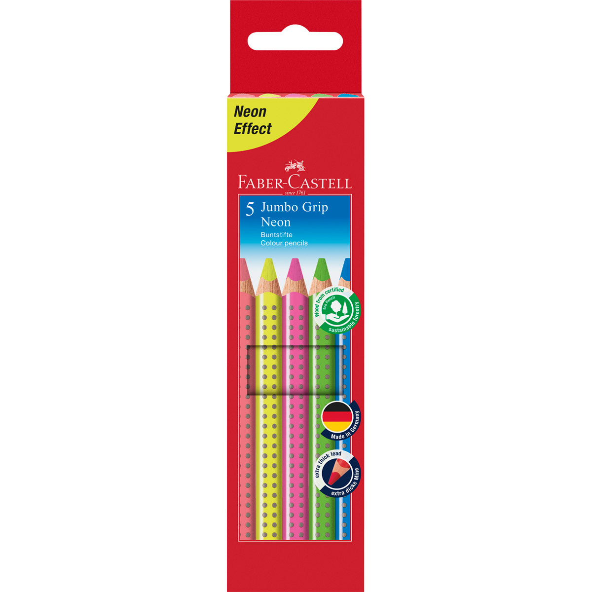 Faber-Castell - Jumbo Colour Grip Pencils, Set of 5, Neon