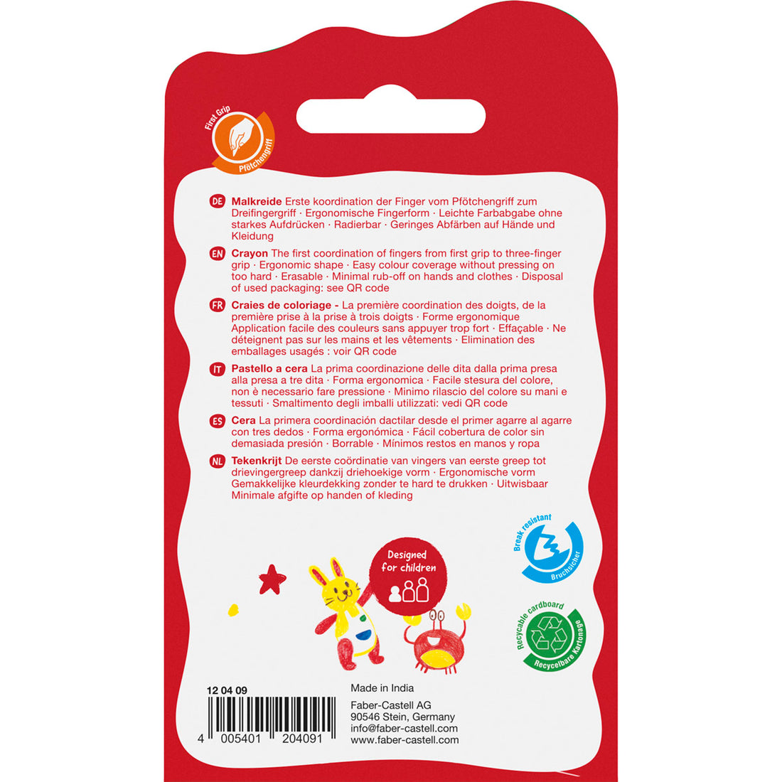 Faber-Castell - Finger Crayons for Smaller Hands, Set of 6