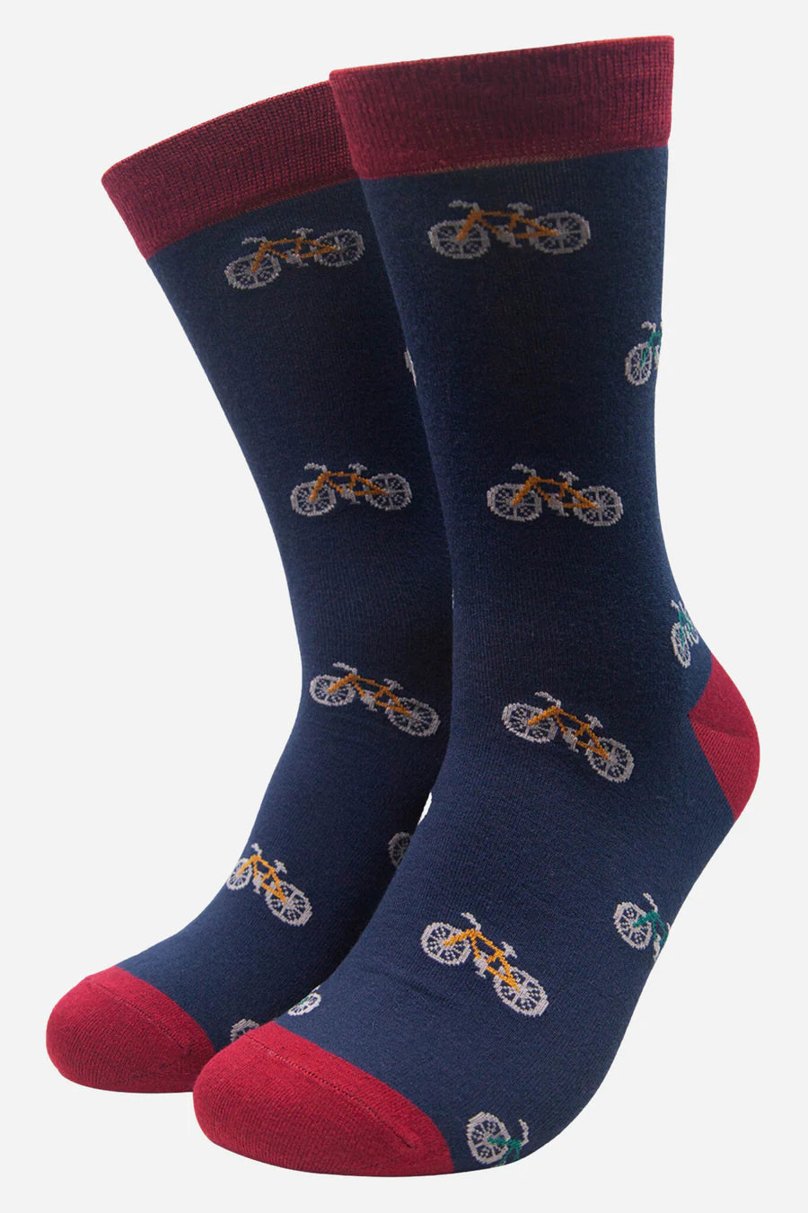 Navy socks with bicycle pattern and red toes and cuffs on a white background