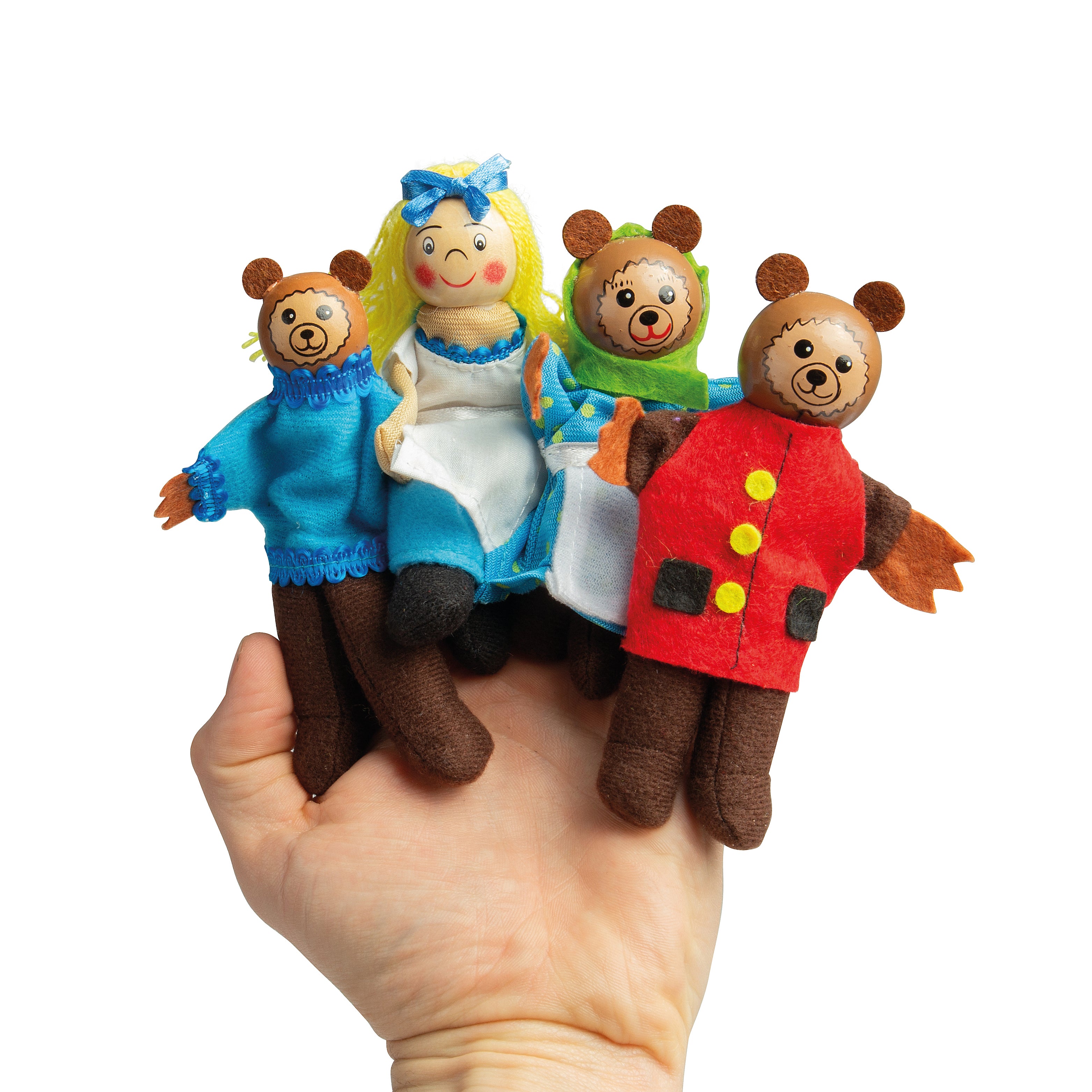 Set of four colorful fairy tale finger puppets held on a hand against a white background