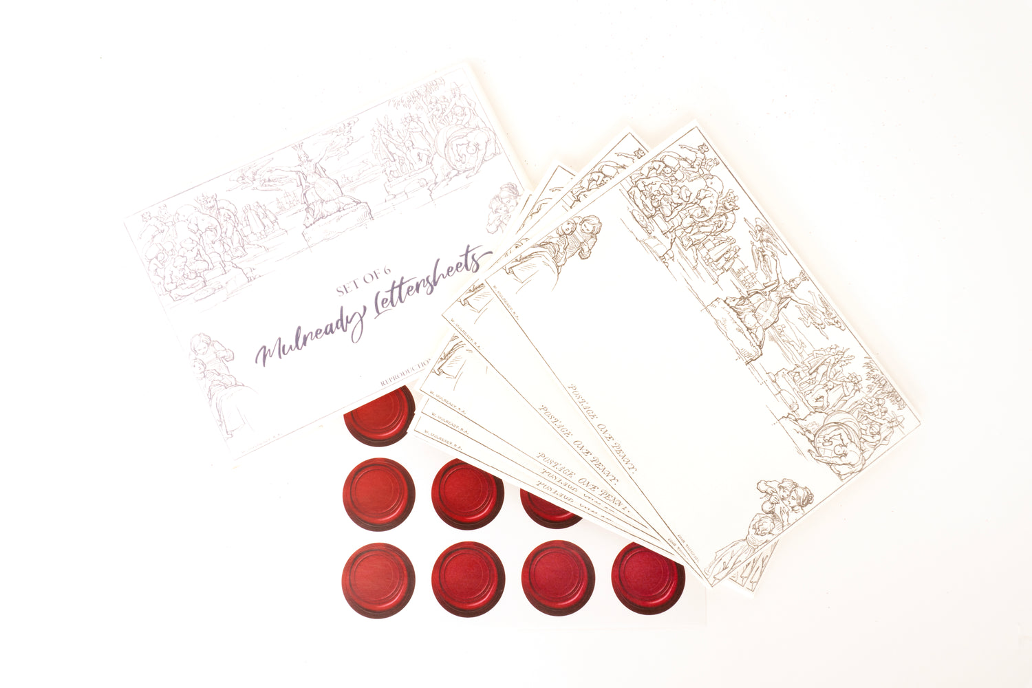 Replicas of the Mulready postal stationery letter sheets by artist William Mulready. Image shows blank sheets and wax stamp style stickers. Set contents view