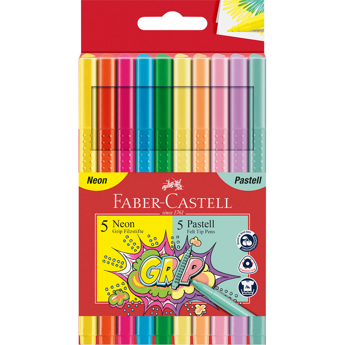 Faber-Castell - Colour Grip Fibre-Tip Pens, Set of 10, Neon and Pastel