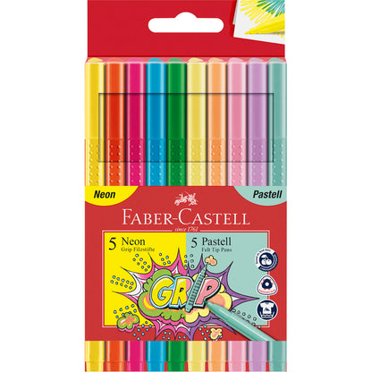 Faber-Castell - Colour Grip Fibre-Tip Pens, Set of 10, Neon and Pastel