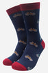 Navy socks with bicycle pattern and red toes and cuffs on a white background