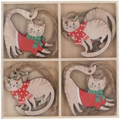 A selection of wooden Christmas Cat Decorations.