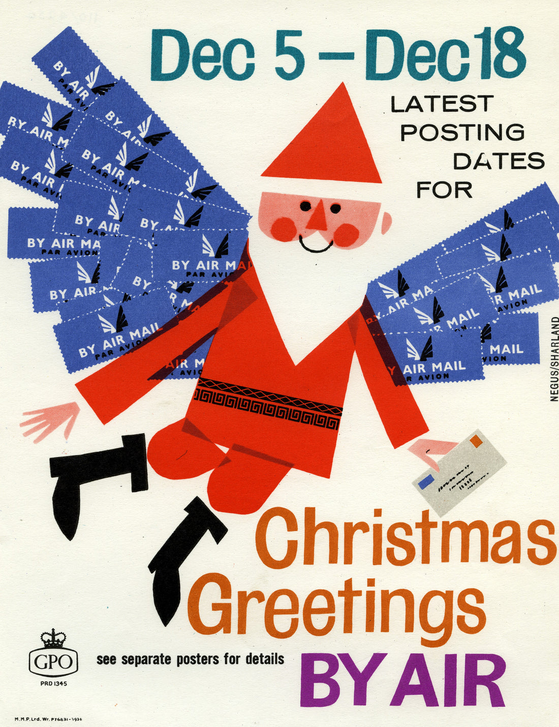 Christmas Greetings Card featuring a flying Santa with Airmail stamp Wings. Heritage GPO Poster  