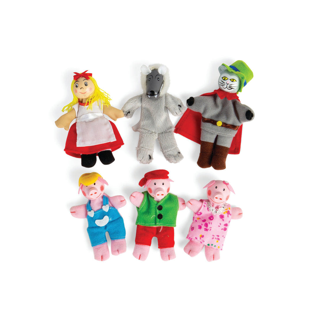 Image of 6 finger puppets of traditional fairy tale characters including little red riding hood, the big bad wolf and the three little pigs