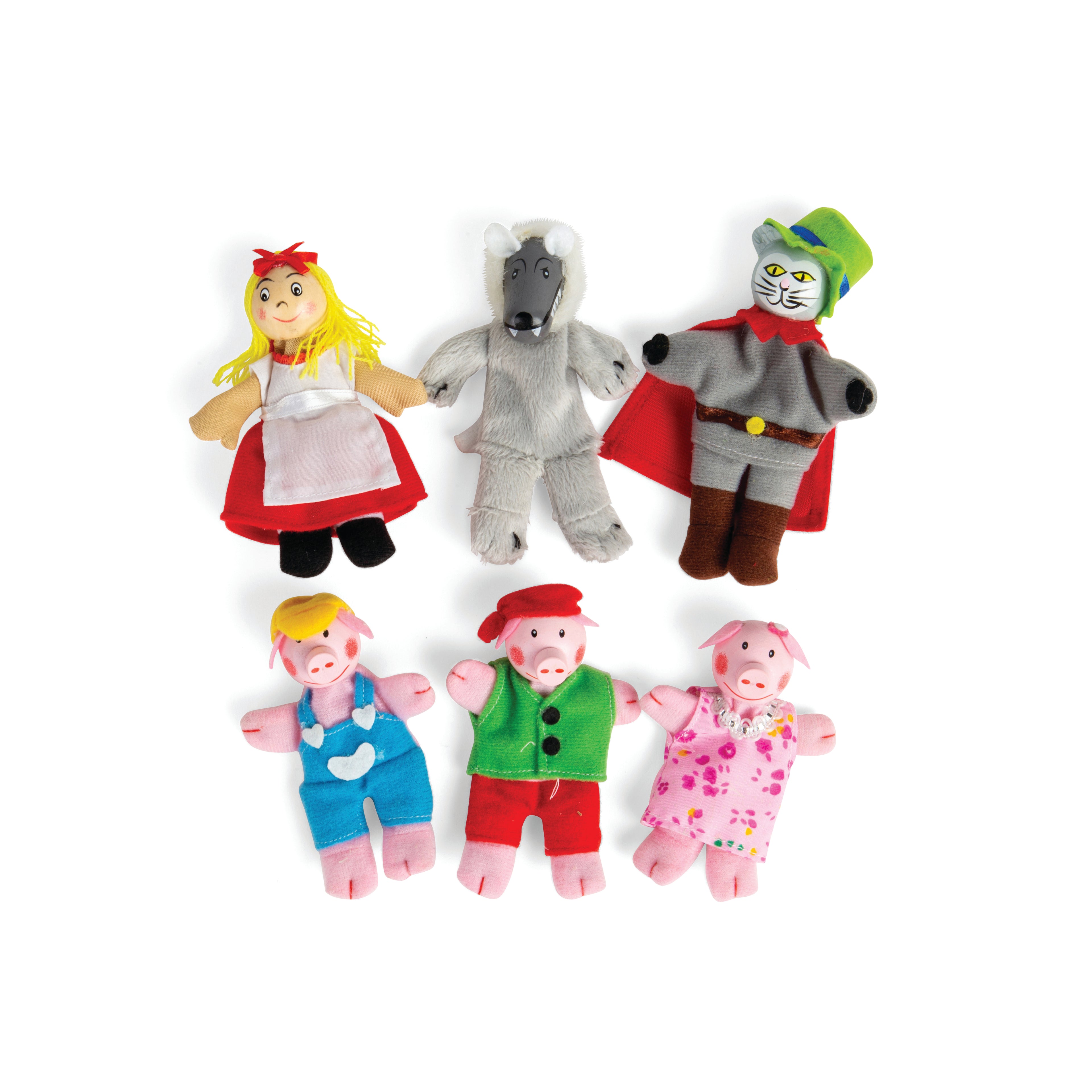 Image of 6 finger puppets of traditional fairy tale characters including little red riding hood, the big bad wolf and the three little pigs