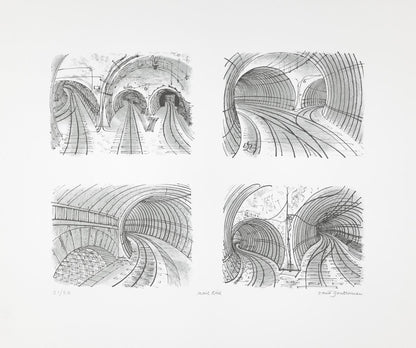 4 sketches of Mail Rail tunnels by David Gentleman inspired by Edward Bawden 