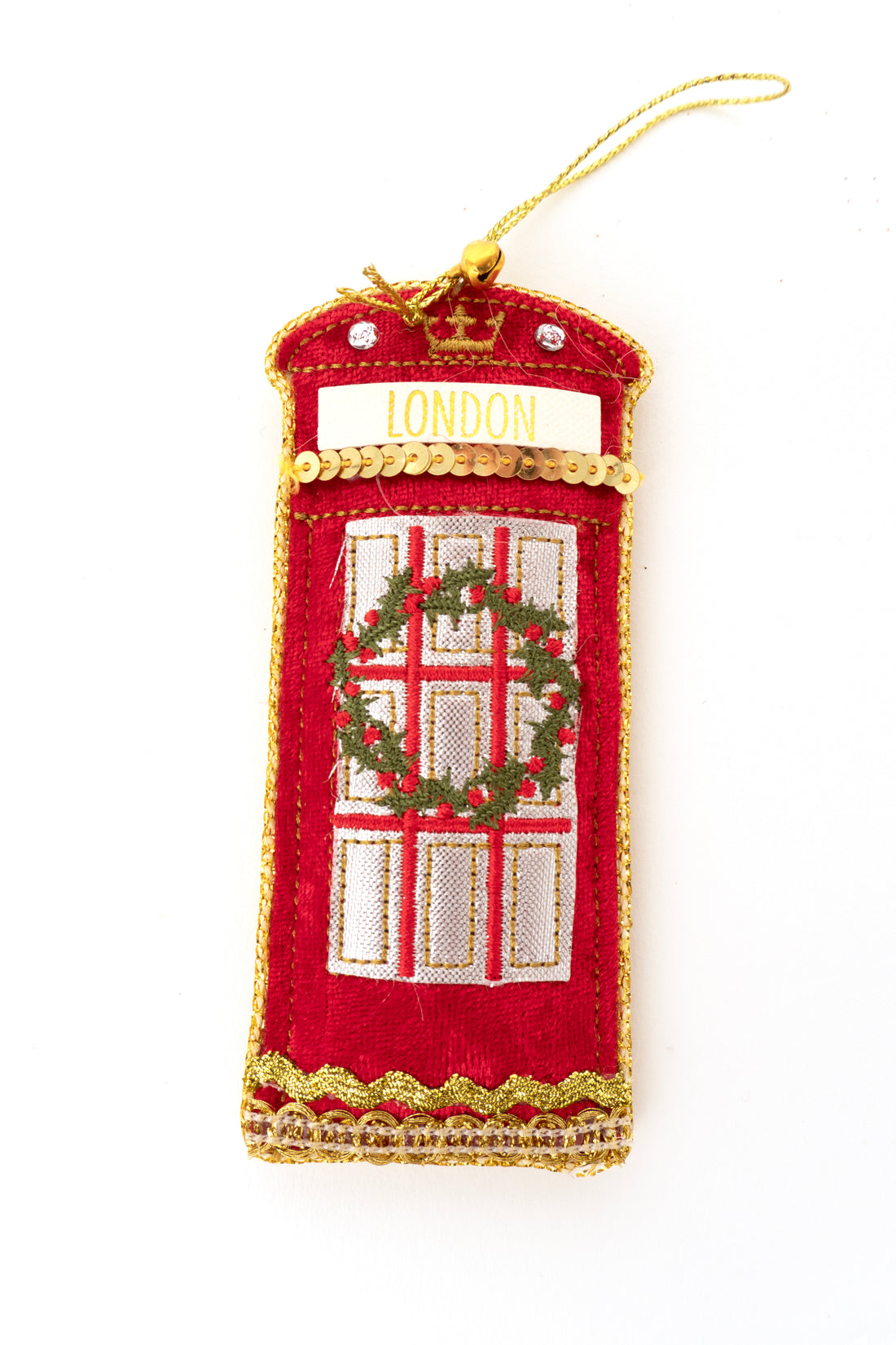 Fabric and sequin decorated London telephone box Christmas decoration