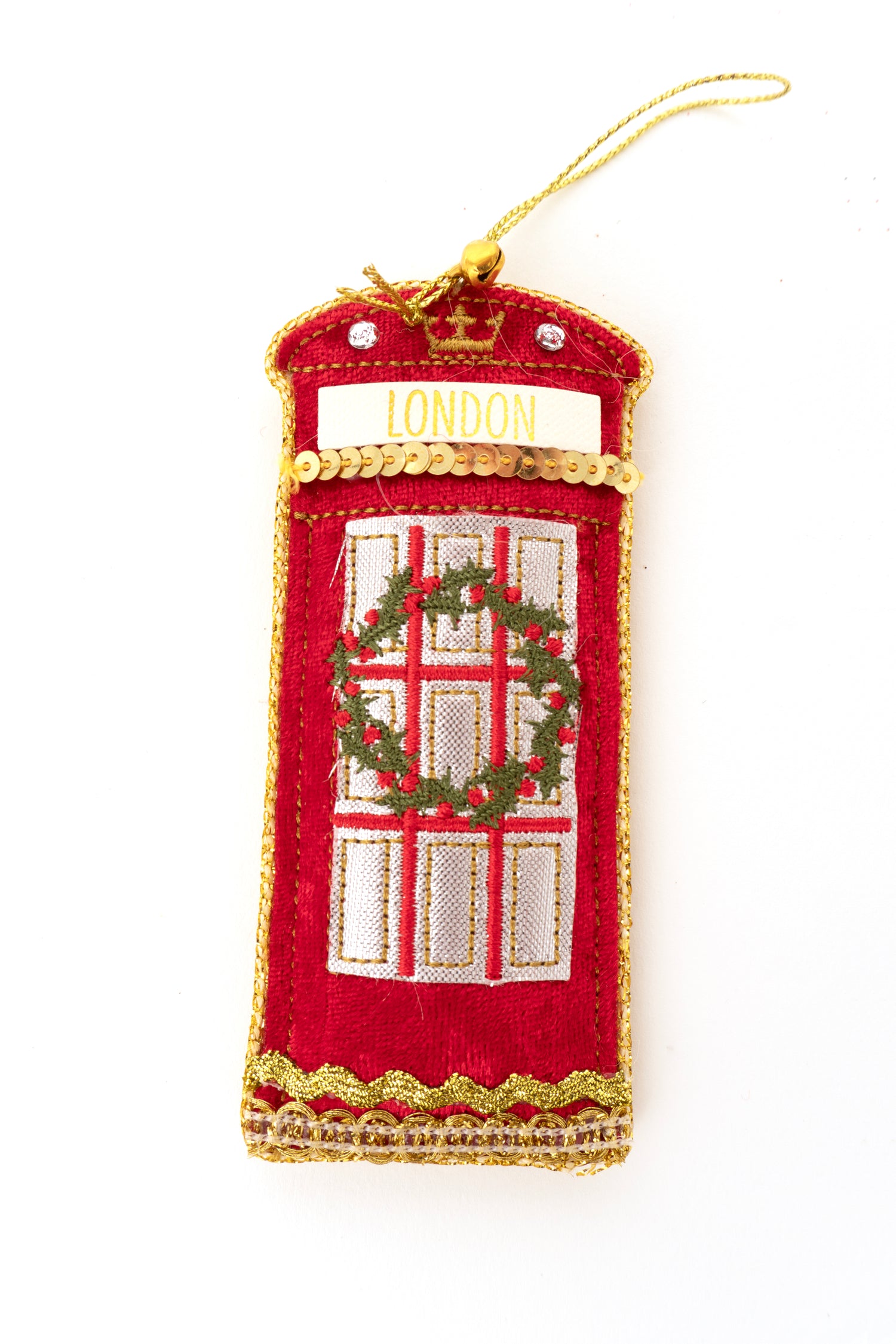 Fabric and sequin decorated London telephone box Christmas decoration