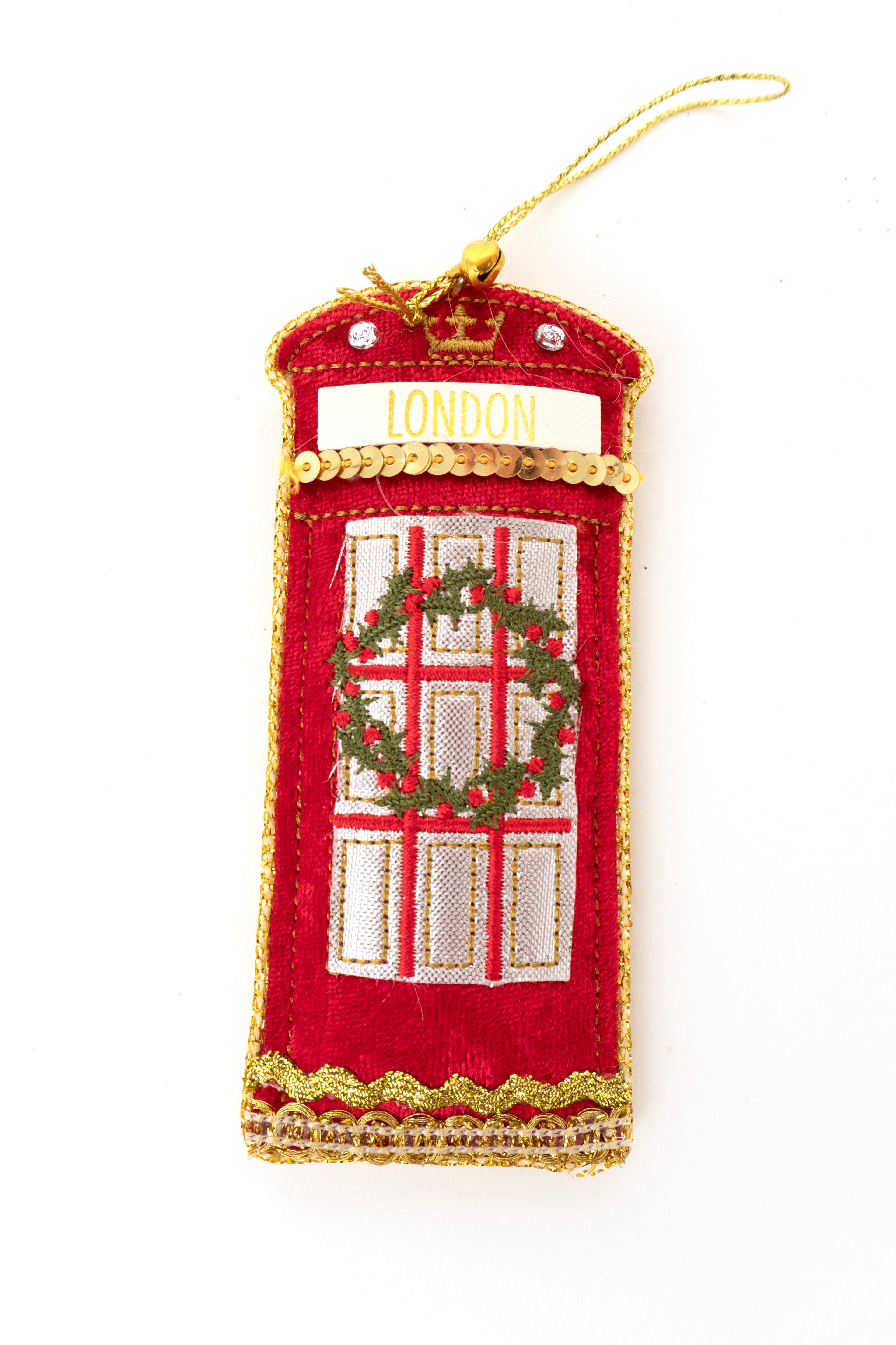 Fabric and sequin decorated London telephone box Christmas decoration