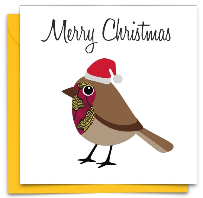 Merry Christmas Robin Greetings Card using traditional colourful West African prints. 