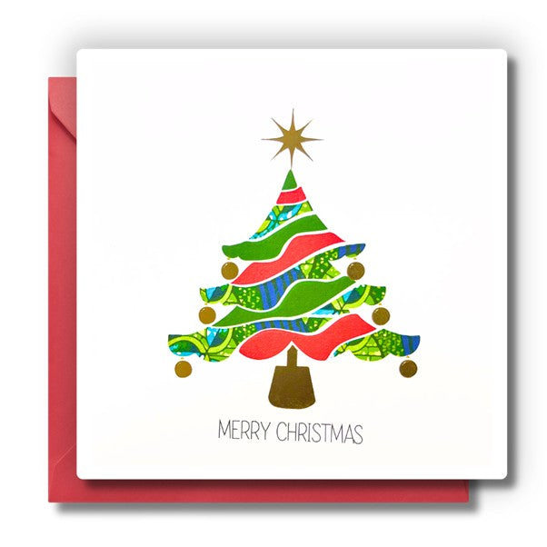 Merry Christmas Tree Greetings Card using Traditional colourful West African prints.