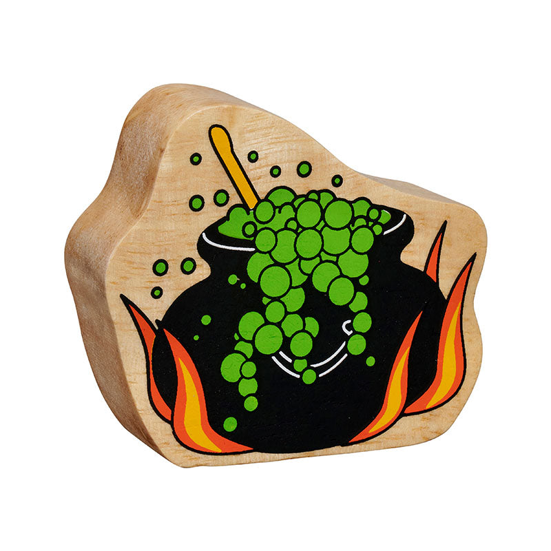 Wooden toy with a cauldron of green liquid and flames on a white background