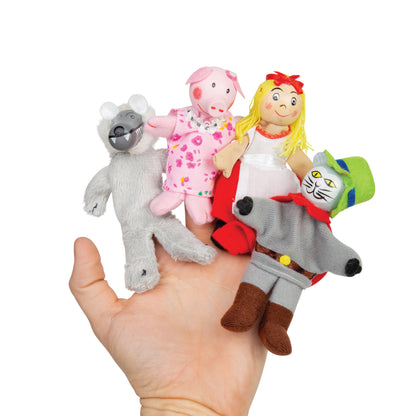 Set of finger puppets including a wolf, pig, girl, and cat on a hand against a white background.