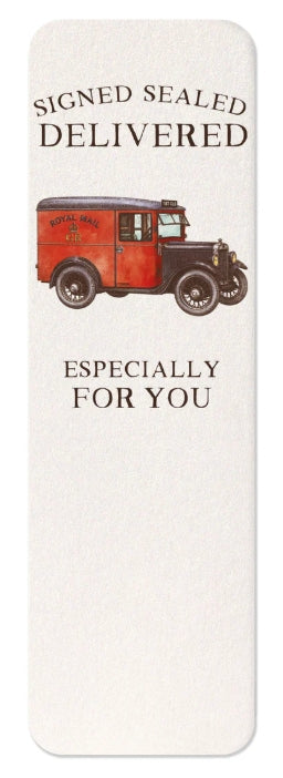 Rectangular white bookmark with vintage delivery truck and text &